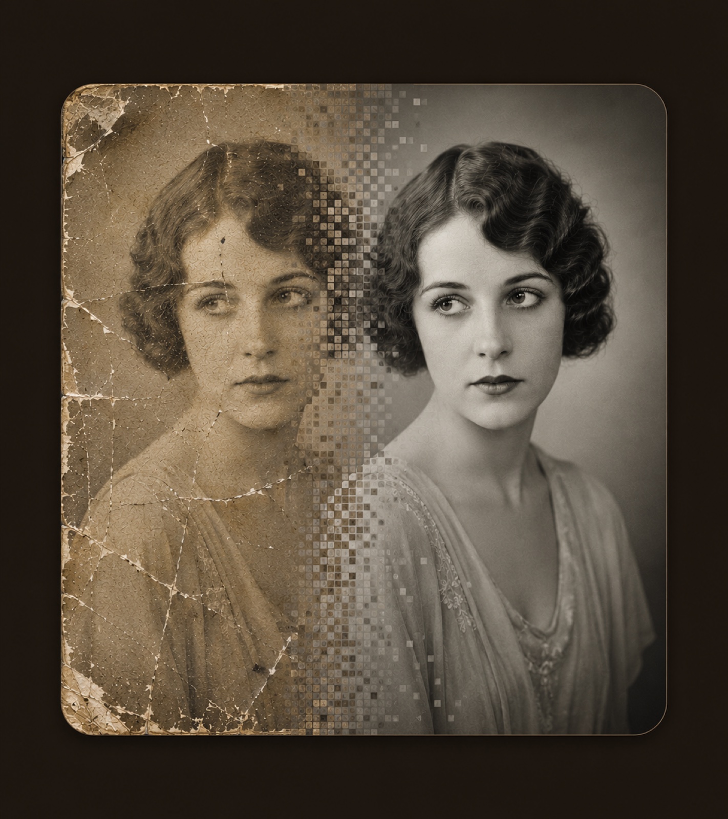 Restored historical portrait before and after reconstruction